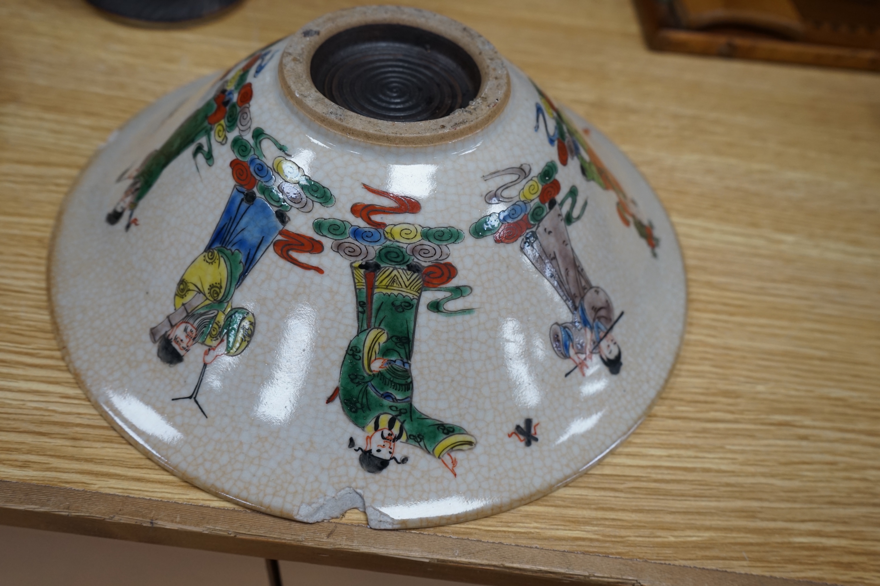 A Chinese crackle glaze bowl, vase and cover and a dish, early 20th century, largest piece 28cm diameter. Condition- fair